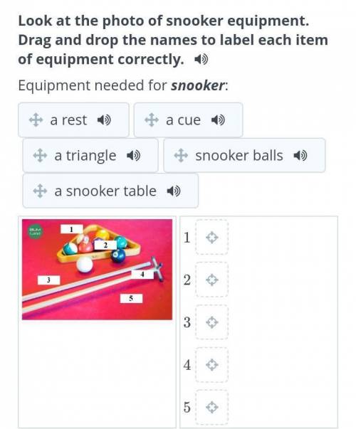 Look at the photo of snooker equipment. Drag and drop the names to label each item of equipment corr