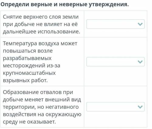 Влияние добычи и переработки полезных ископаемых на окружающую среду Определи верные и неверные утве