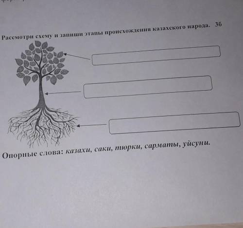 Рассмотри схему и запиши этапы происхождения казахского народа. 3б Опорные слова: казахи, саки, тюрк