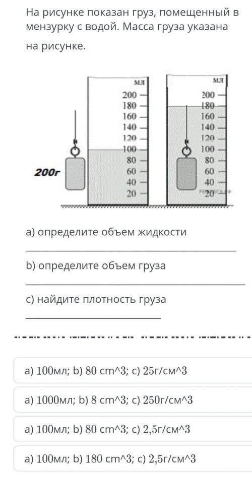 На рисунке показан груз помещенный в мензурки с водой масса груза указано на рисунке Определите объё