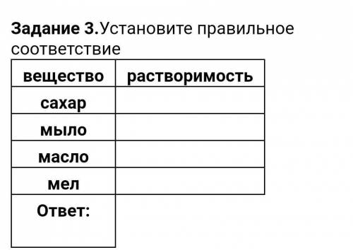 3.Установите правильное соответствие веществорастворимостьсахармыломасломелответ:​