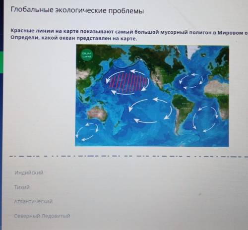 Красные линии на карте показывают самый большой мусорный полигон в Мировом океане. Определи , какой