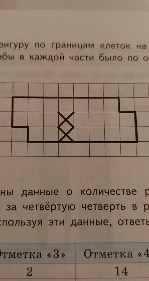 Найди периметр фигуры,если одна клетка равна 1 см2)Раздели фигуру по границам клеток на две одинаков