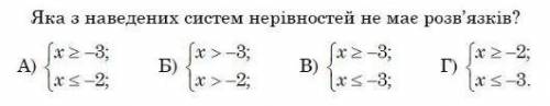Яка з наведених систем нерівностей не має розв’язків?.. Виберіть одну відповідь: а) б) в) г)