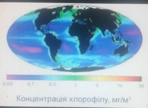 Розглянь карту розподілу хлоро- філу в гідросфері. Знайди ділянки особливо багаті на хлорофіл. Чому