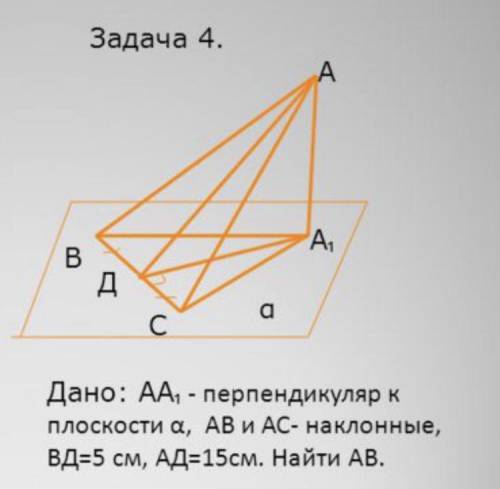 Аа1 перпендикуляр к плоскости альфа аб и ас наклонные вд=5 БЕЗ ТЕОРЕМЫ О ТРЁХ ПЕРПЕНДИКУЛЯРАХ