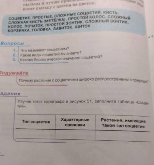 Таблица:1. тип соцветия 2. растения признаки 3.растения, имеющие такой тип соцветия​