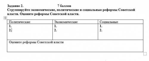 Задание 2. Сгруппируйте экономические, политические и социальные реформы Советской власти. Оцените р