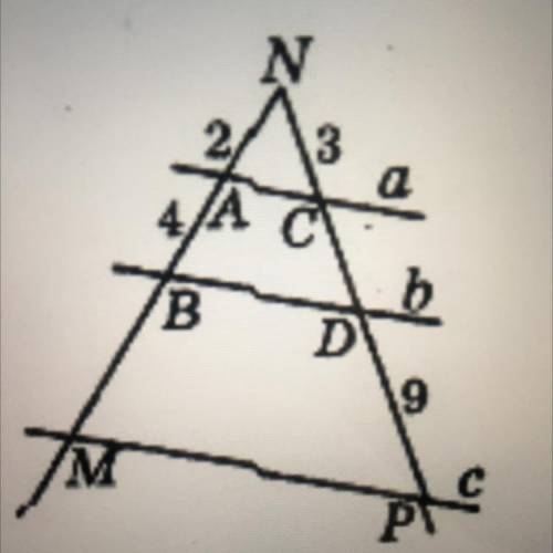 6. Параллельные прямые a, b, c пересекают стороны угла MNP (рис. 75). Найти длины отрезков CD и MB,