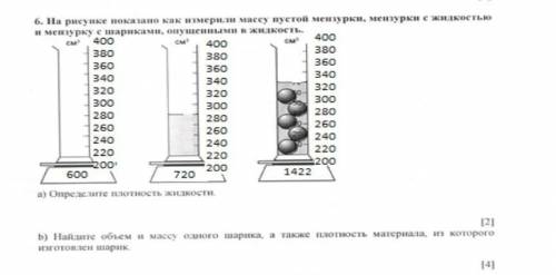 На рисунке показано как измерили массу пустой мензурки, мензурки с жидкостью и мензурку с шариками,