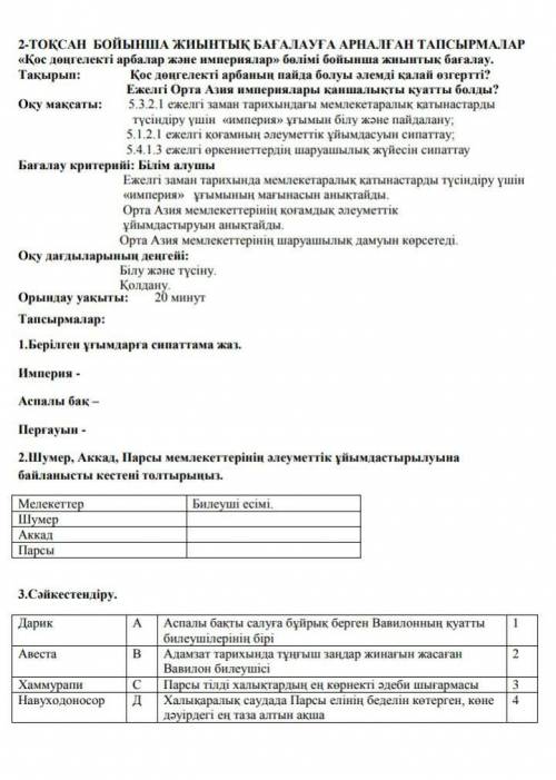 2.Шумер, Аккад, Парсы мемлекеттерінің әлеуметтік ұйымдастырылуына байланысты кестені толтырыңыз. Шум