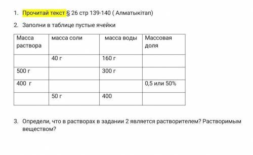 Заполни в таблице пустые ячейки Масса растворамасса солимасса водыМассовая доля40 г160 г500 г300 г40