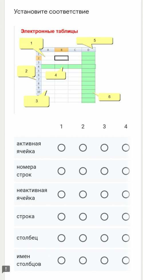 Установите соответствие ￼123456активная ячейканомера строкнеактивная ячейкастрокастолбецимен столбцо