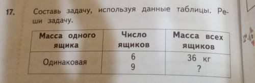 Составь задачу, используя данные таблицы. Ре. ши задачу.Масса одногоЯщика-одинаковая Числоящиков69Ма