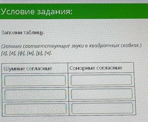 Заполни таблицу. (Запиши соответствующие звуки в квадратных скобках.) г, л, ф, м, р, ч. Шумные согла