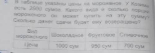 в таблице указаны цены на мороженое указано есть 2.500 сумов какой виды и сколько порций мороженого