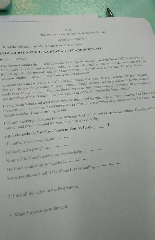 Make 5 questions to the text leonardo da vinci​