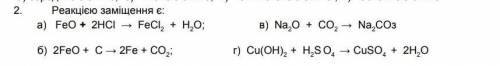 Реакцією заміщення е: а) FeO + 2HCI-FeCl2+ H20:б) 2FeO + С — 2Fe + CO2; в) Na2O + CO2 — Na2CO3г) Cu(