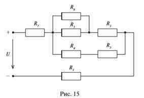 1) Для схемы, изображенной на рисунке 15, определить эквивалентное сопротивление, ток и падение напр