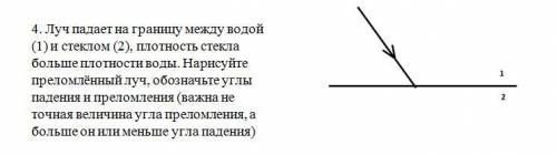 Луч падает на границу между водой (1) и стеклом (2), плотность стекла больше плотности воды. Нарисуй