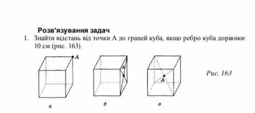 Знайти відстань від точки А до граней куба, якщо ребро куба дорівнює 10см​