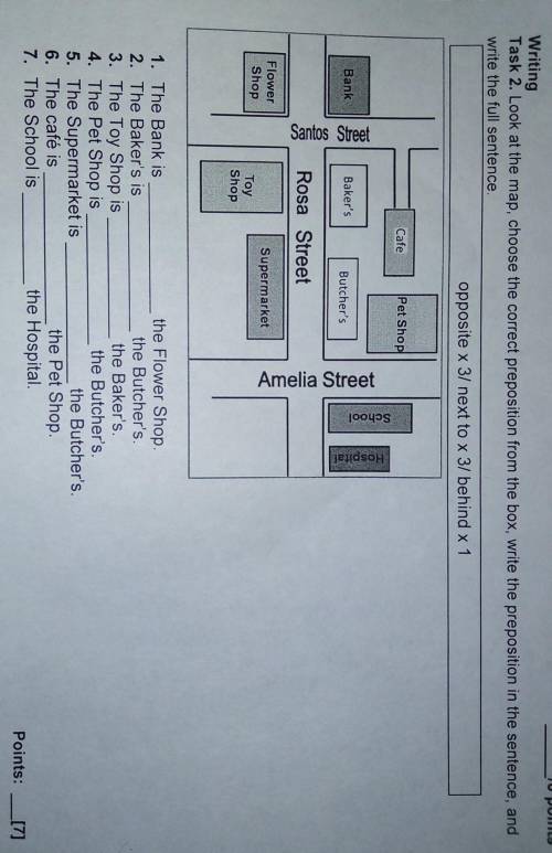 Writing Task 2. Look at the map, choose the correct preposition from the box, write the preposition