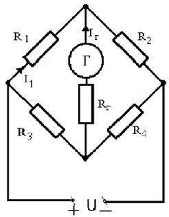 Проведите расчет схемы неуравновешенного моста постоянного тока, питаемого напряжением U. Измеряемое