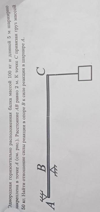 Однородная горизонтально расположенная балка массой 100 кг и длиной 5м шарнирно закреплена в точке А
