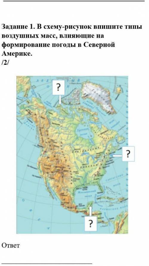 Задание 1. В схему-рисунок впишите типы воздушных масс, влияющие на формирование погоды в Северной А