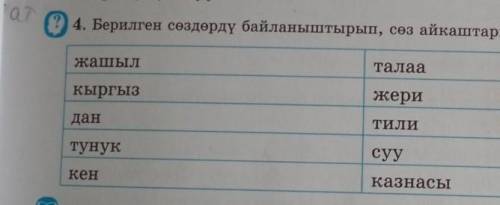 4. Берилген сөздөрдү байланыштырып, сөз айкаштарын түзгүлө. талаажашылкыргызжеритилидансуутунукказна