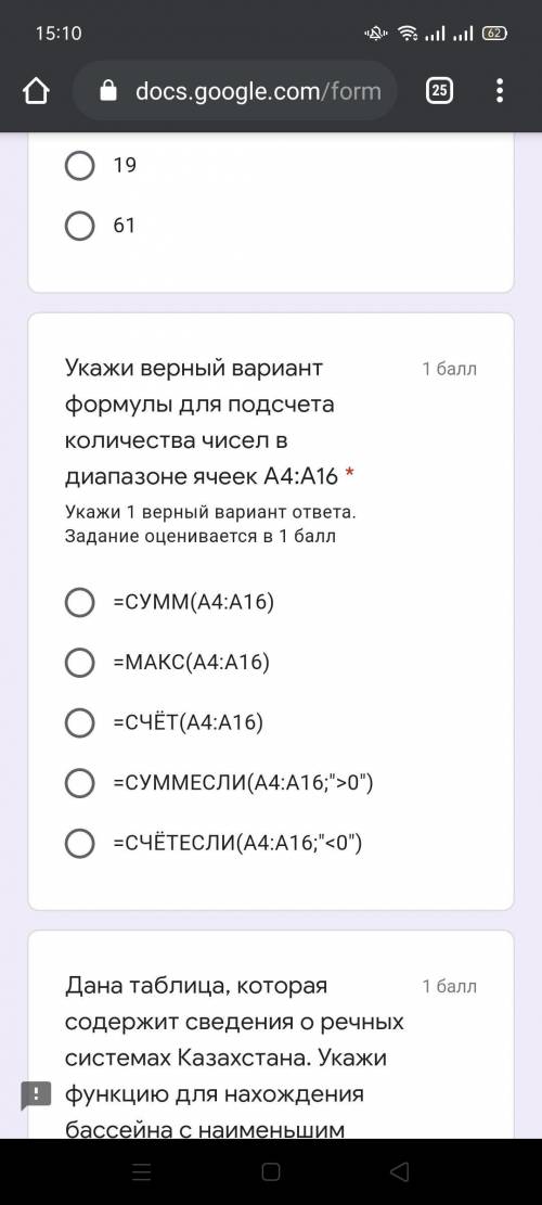 Укажи верный вариант формулы для подсчета количества чисел в диапазоне ячеек A4:A16 *