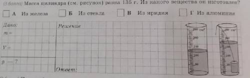 Масса цилиндра(смотреть рисунок) равна 135 г.Из какого вещества он изготовлен