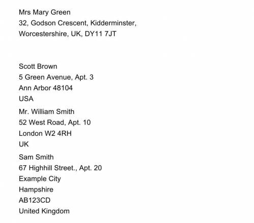 Decipher these addresses: the country, town, postcode, street, country, house, occupier.