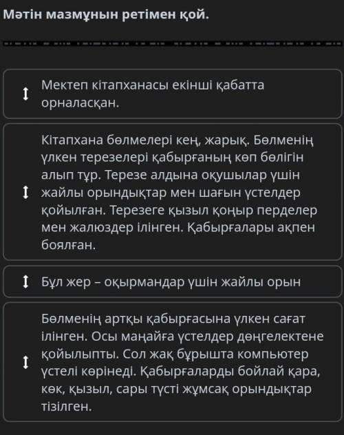 Мәтін мазмұнын ретімен қой . I Мектеп кітапханасы екінші қабатта орналасқан . Кітапхана бөлмелері ке