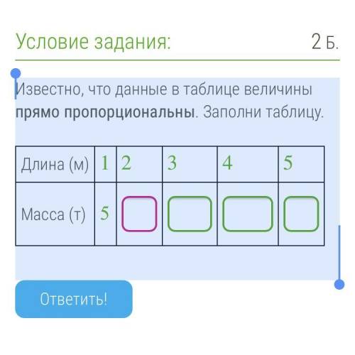 Известно, что данные в таблице величины прямо пропорциональны. Заполни таблицу. Длина (м) 1 2 3 4 5