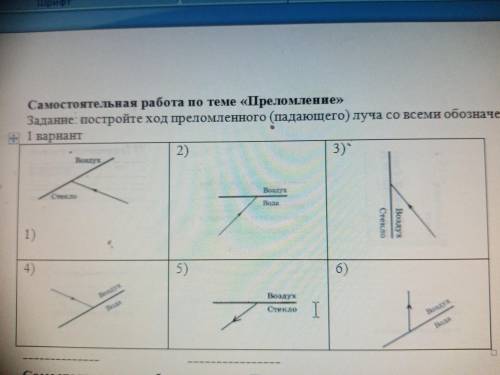 Самостоятельная работа по теме «Преломление» Задание: постройте ход преломленного (падающего) луча с