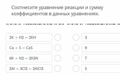 СОР ХИМИЯ 8 КЛАСС 2 ЧЕТВЕРТЬ Соотнесите уравнение реакции и суммукоэффициентов в данных уравнениях.​