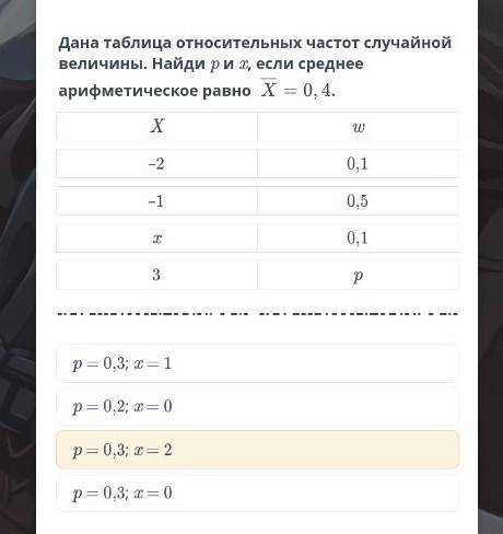 Урок 3 Дана таблица относительных частот случайной величины. Найди p и x, если среднее арифметическо