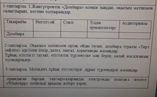 1-тапсырма І.Жансүгіровтың <<Домбыра>>өленің тыңдап,оқылым мәтінімен салыстырып,кестені