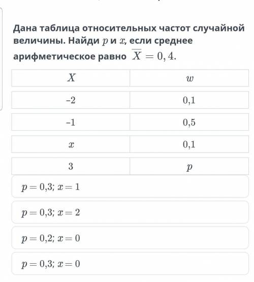 Дана таблица относительных частот случайной величины. Найди рит, если среднее арифметическое равно Х