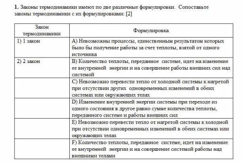 Законы термодинамики имеют по две различные формулировки. Сопоставьте законы термодинамики с их форм