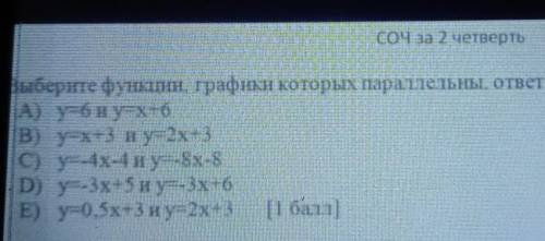 Соч за 2 четверть Выберите функции, графики которых параллельны, ответ обоснуйте:А) y=6 и y=x-6В) y=