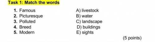 Task 1: Match the words 1.   Famous                                 A) livestock2.   Picturesque    