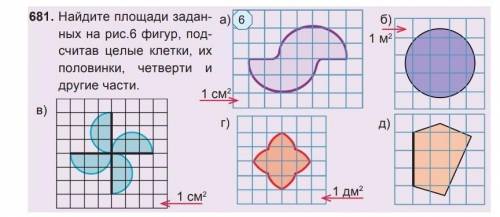 Найдите площади задан- ных на рис.6 фигур, под-считав целые клетки, ихполовинки, четверти и другие ч