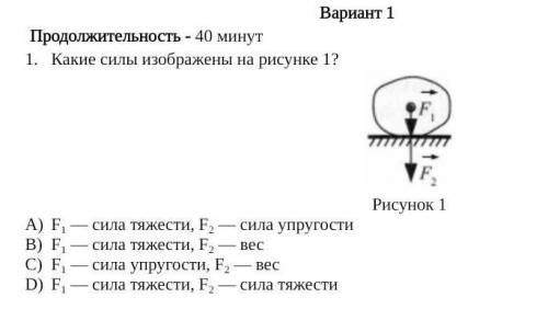 F1 — сила тяжести, F2 — сила упругости F1 — сила тяжести, F2 — вес F1 — сила упругости, 2 - Bec F1 —