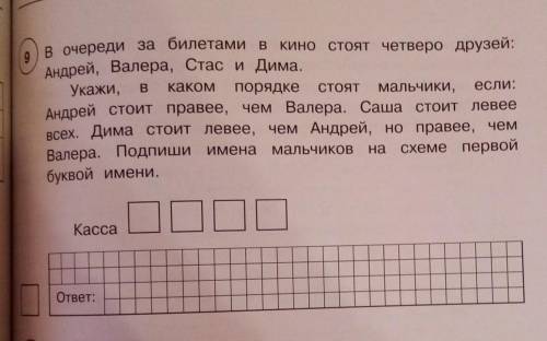 Андрей, Валера, Стас и Дима. в очереди за билетами в кино стоят четверо друзей:9ВкакомСТОЯТесли:Укаж
