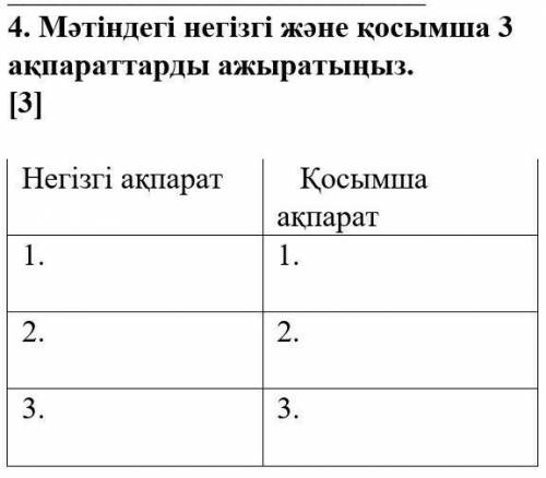 4. Мәтіндегі негізгі және қосымша 3 ақпараттарды ажыратыңыз.[3]Негізгі ақпаратҚосымшаақпарат2.2.3.3.