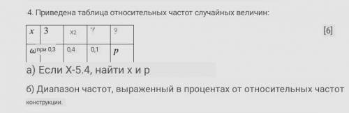 4. Приведена таблица относительных частот случайных величин: [6] а) Если ̅ = 5.4, то найти 2 и p б)