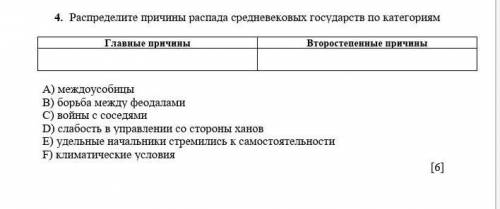 Распределите причины распада средневековых государств по категориям Главные причины и Второстепенные