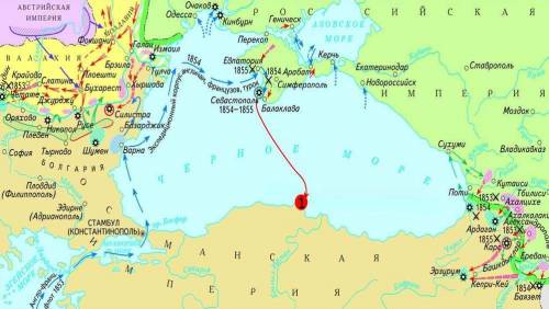 Рассмотрите внимательно карту «Крымская война 1853–1856 гг.» и ответьте на вопросы. 1) Напишите назв